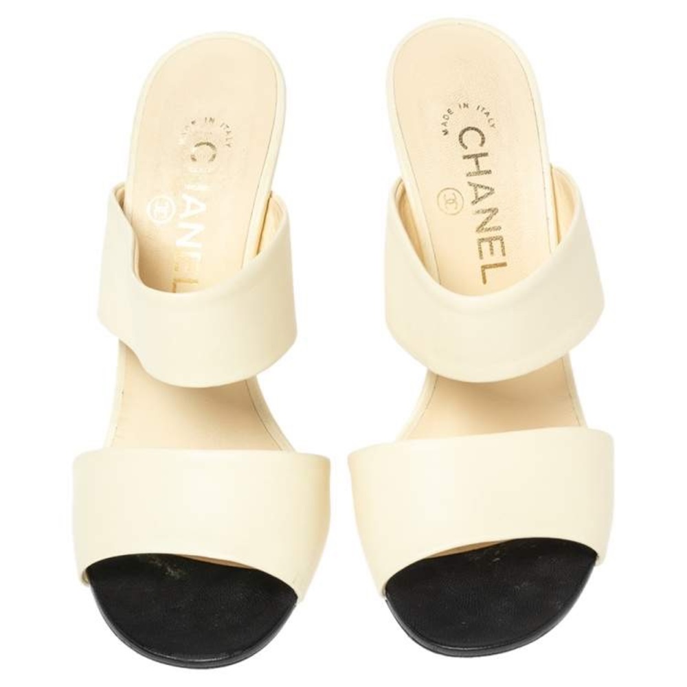 Chanel Cream Leather Pearl Embellished Heels Slide Sandals Size 41 - Picture 5 of 10